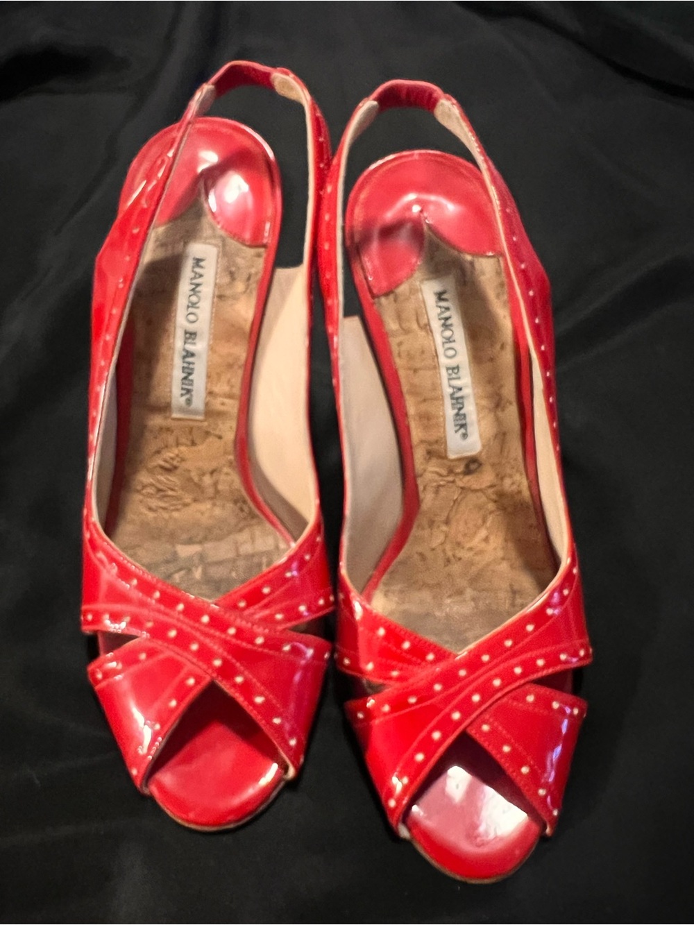 Manolo Blahnik Red Patent Leather Crisscross Slingback Heels with Stud Accents